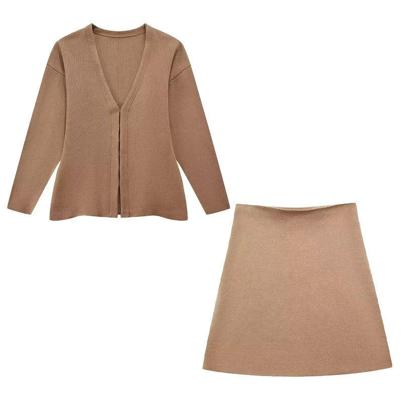 Button Cardigan + High Waist Knitted Mini Skirts