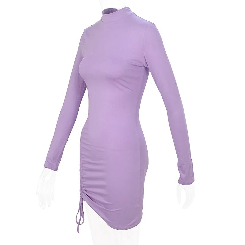 Solid Color Long-sleeved Drawstring Dress