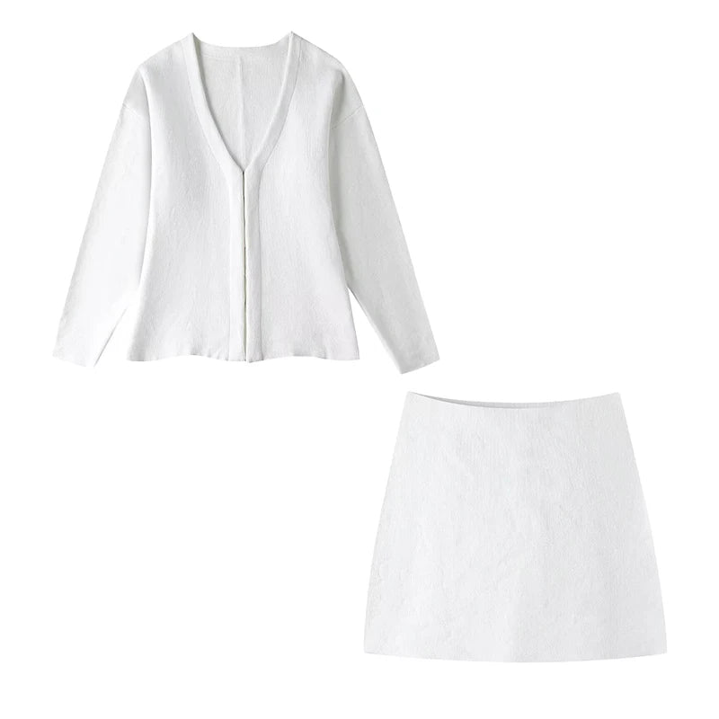 Button Cardigan + High Waist Knitted Mini Skirts