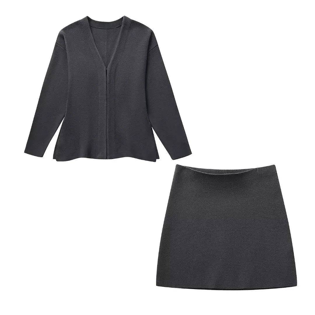 Button Cardigan + High Waist Knitted Mini Skirts