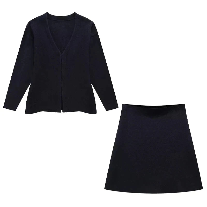 Button Cardigan + High Waist Knitted Mini Skirts