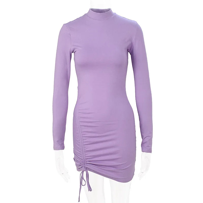 Solid Color Long-sleeved Drawstring Dress